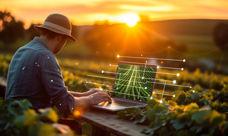 Modern agriculture technology with a person using a laptop to analyze data on sustainable farming practices at sunset in a vineyard