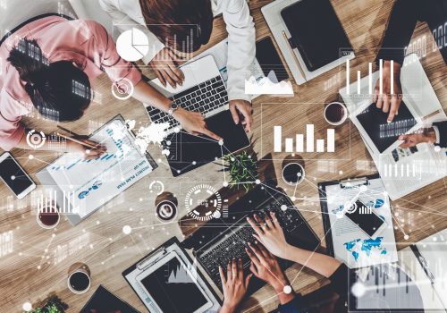 Imaginative visual of business people and financial firms staff . Concept of human resources , enterprise resource planning ERP and digital technology .